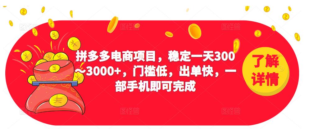 2023拼多多电商项目，稳定一天300～3000+，门槛低，出单快，一部手机即可完成-夜影资源