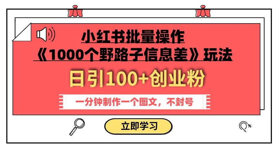 小红书批量操作《1000个野路子信息差》玩法，一分钟制作一个图文，不封号，日引100+创业粉-夜影资源
