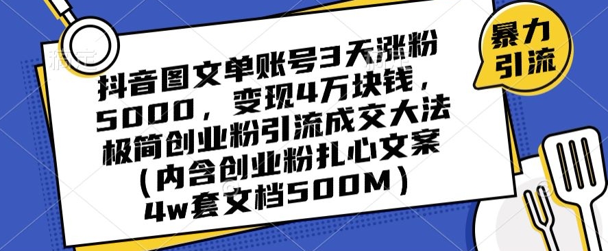 抖音图文单账号3天涨粉5000，变现4万块钱，极简创业粉引流成交大法-夜影资源