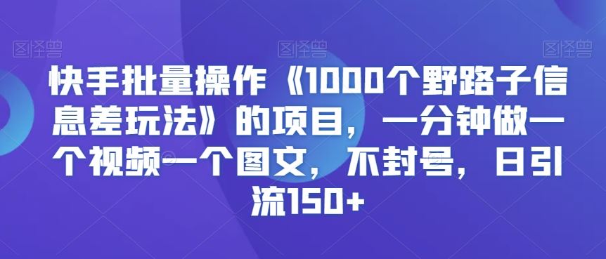 快手批量操作《1000个野路子信息差玩法》的项目，一分钟做一个视频一个图文，不封号，日引流150+【揭秘】-夜影资源