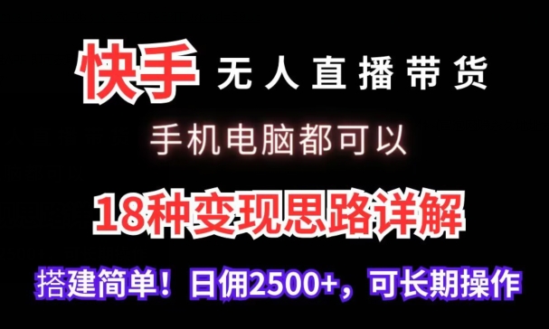 快手无人直播带货，手机电脑都可以，18种变现思路详解，搭建简单日佣2500+-夜影资源