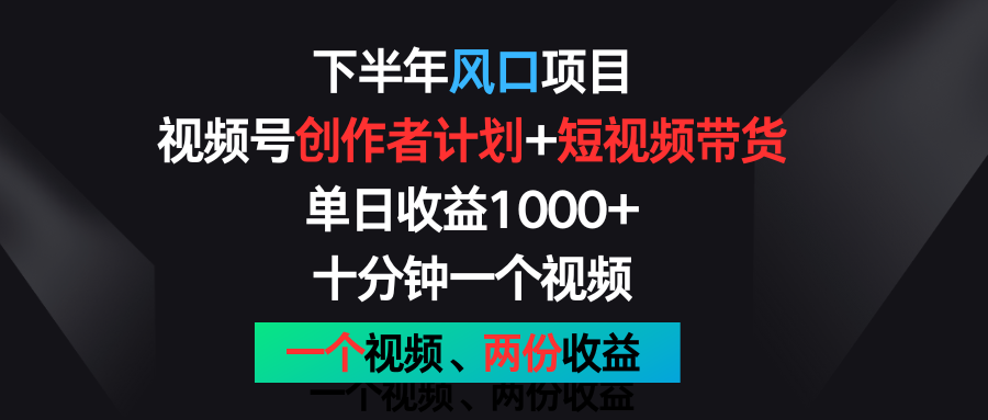 下半年风口项目，视频号创作者计划+视频带货，单日收益1000+，一个视频两份收益-夜影资源