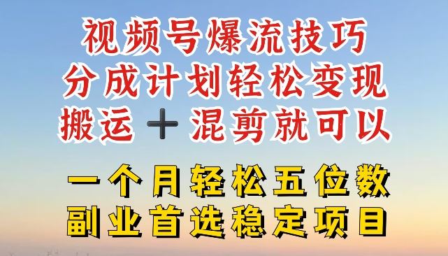 视频号爆流技巧，分成计划轻松变现，搬运 +混剪就可以，一个月轻松五位数稳定项目【揭秘】-夜影资源