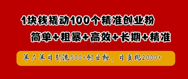1块钱撬动100个精准创业粉，简单粗暴高效长期精准，单人单日引流500+创业粉，日变现2k【揭秘】-夜影资源